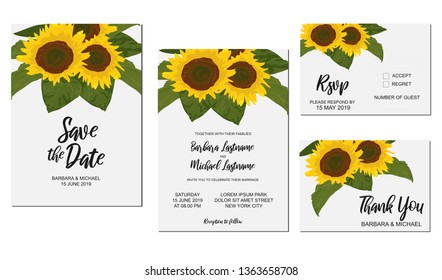Floral wedding kit with sunflowers illustration: Save the date, invitation, thank you, rsvp reply card. Marriage party template with sun flowers and leaves decoration.