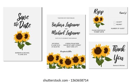 Floral wedding kit with sunflowers illustration: Save the date, invitation, thank you, rsvp reply card. Marriage party template with sun flowers and leaves decoration.
