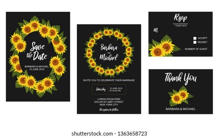 Floral wedding kit with sunflowers illustration: Save the date, invitation, thank you, rsvp reply card. Marriage party template with sun flowers and leaves decoration.