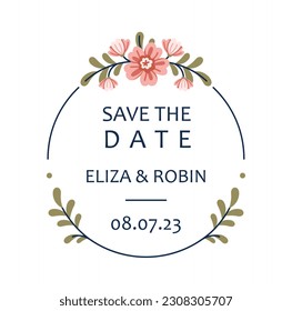 Floral wedding logo. Save date inscription with flowers and leaves. Aesthetics and elegance. Bloom and blossom plant. Summer and spring season. Cartoon flat vector illustration