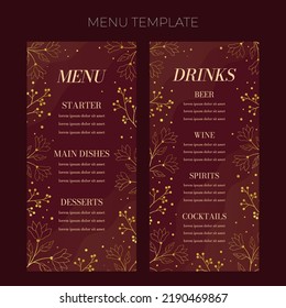 Floral wedding Menu template in elegant golden style, invitation card design with gold flowers with leaves, dots and berries. Vector decorative frame on rich red background.