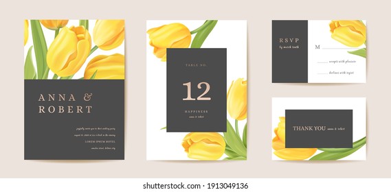 Floral wedding modern tulip vector Invitation. Flower Save the Date set. minimal spring card. Realistic template frame, foliage cover, summer background, trendy design, luxury brochure