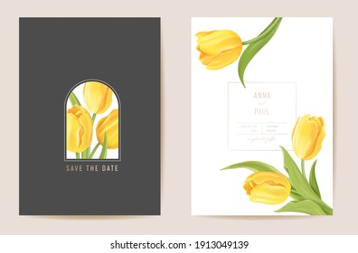 Floral wedding modern tulip vector Invitation. Flower Save the Date set. minimal spring card. Realistic template frame, foliage cover, summer background, trendy design, luxury brochure