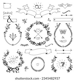 Floral wedding retro set. Arrows, hearts, laurel, birds, wreaths and ribbons. Can be used for save the date, mothers day, valentines day, birthday cards.