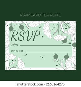 Floral wedding RSVP template in hand drawn doodle style, invitation card design with line flowers and leaves,  dots and berries. Vector decorative frame on white and green background. 