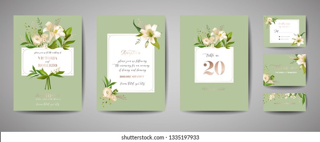 Floral wedding set of cards invitation, rsvp, thank you, reception, save the date, template design, trendy cover, graphic poster, retro brochure with white lily flowers and gold foil element in vector