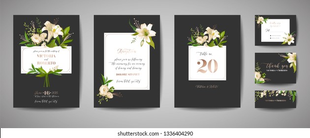 Floral wedding set of cards invitation, rsvp, thank you, reception, save the date, template design, trendy cover, graphic poster, retro brochure with white lily flowers and gold foil element in vector