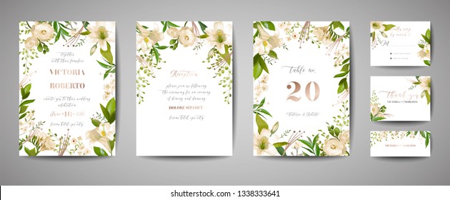 Floral wedding set of cards invitation, rsvp, thank you, reception, save the date, template design, trendy cover, graphic poster, retro brochure with white lily flowers and gold foil element in vector