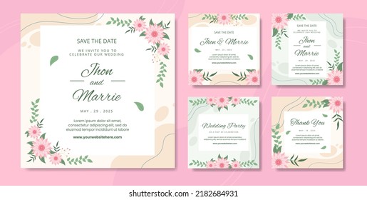 Floral Wedding Social Media Post Template Flat Cartoon Background Vector Illustration