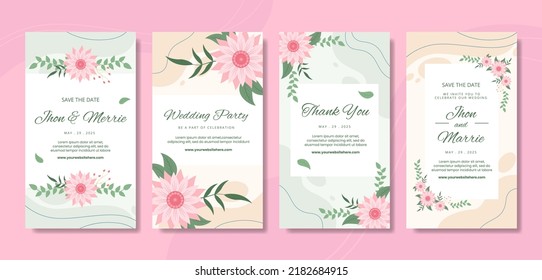 Floral Wedding Social Media Stories Template Flat Cartoon Background Vector Illustration