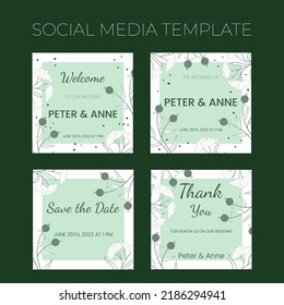 Floral wedding square social media template in hand drawn doodle style, invitation card design with line flowers and leaves, dots and berries. Vector decorative frame on white and green background.