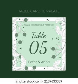 Floral wedding Table number template in hand drawn doodle style, invitation card design with line flowers and leaves,  dots and berries. Vector decorative frame on white and green background. 