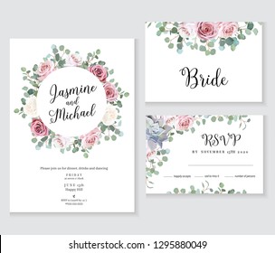 Floral wedding vector frames. Hand painted pale pink roses, eucalyptus branches, leaves, succulents on white background. Greenery invitation. Watercolor style cards. Isolated and editable