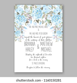 Floral wedding vector invitation background blue ranunculus peony rose chrysanthemum anemone 