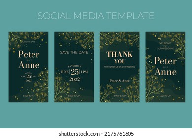 Floral wedding vertical social media template in elegant golden style, invitation card design with gold flowers with leaves, dots. Decorative frame pattern and wreath. Vector decoration on rich green