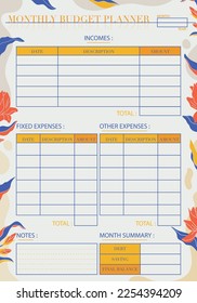 Floral weekly and monthly budget planner template page. Finance planner template with abstract modern flowers. Vector illustration.