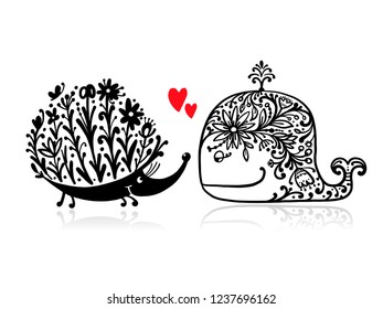 Floral whale and hedgehog, sketch for your design