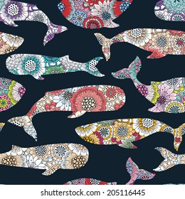 Floral whales seamless pattern