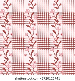 Patrón floral caprichoso fondo de tartán rosa con vides de flores. Casa rural de fondo rústico y rayas florales estilo grandmillenial