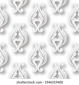 Floral white 3d seamless pattern. Vector Baroque style background. Damask ornament with white flowers, leaves. Ornate repeat texture. Decorative light backdrop. Luxury design with shadow and highlight