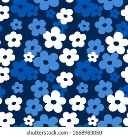 Floral white blue seamless pattern. Ditsy design with small  cute flowers. Vector. 