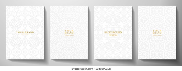 Floral White And Light Gray Curve Pattern Cover Design. Luxury Abstract Ornament On Light Background Page. Premium Vector Collection For Wedding Brochure, Invite Card, Beauty Booklet, Luxe Template