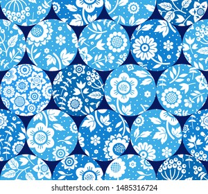 Floral white pattern on blue circles, seamless, blue background, flat, vector. Fabulous decor. Color, floral ornament.  