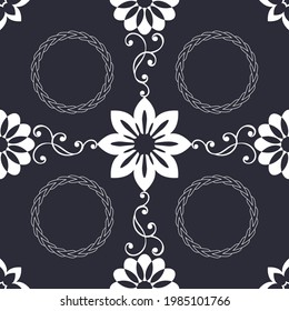 Floral white pattern on a dark blue background.
