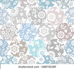 Floral white pattern, seamless, gray and blue circles, white background, flat, vector. Fabulous decor. Color, floral ornament. 