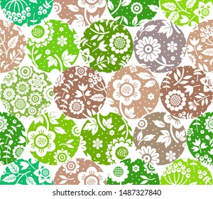 Floral white pattern, seamless, green and brown circles, white background, flat, vector. Fabulous decor. Color, floral ornament. 