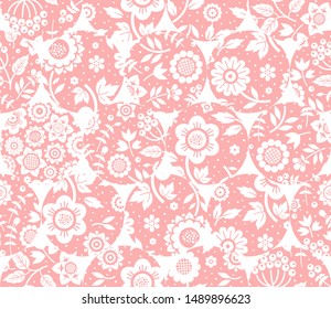 Floral white pattern, seamless, pink circles, white background, flat, vector. Fabulous decor. Color, floral ornament. 