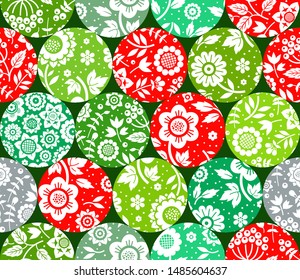 Floral white pattern, seamless, red and green circles, green background, flat, vector. Fabulous decor. Color, floral ornament. 