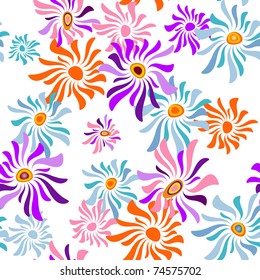 Floral white repeating pattern with colorful flowers (vector)