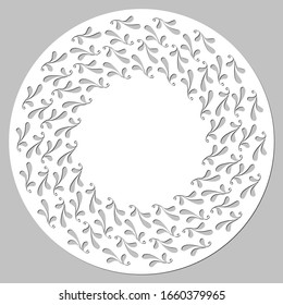 Floral white round frame with branches isolated on grey background. Ornament with leaves. Vector stock holiday illustration. Template design for invitation, poster, card, postcard. 