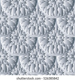 Floral white seamless pattern. 3d background wallpaper with surface abstract flowers.Vector flourish light  endless texture.White volumetric pattern ornaments.