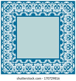 Floral white vector square frame on blue background. Decorative element for invitations and cards.