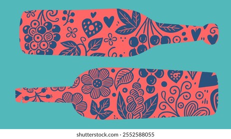 Floral wine banner with intricate decorative patterns on bottles, blending retro and modern styles, ideal for party flyers, winery events, and creative designs.