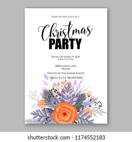 Floral winter background for wedding invitation, christmas party invitation, baby shower invitation bridal shower invitation vector template. Anemone peony poppy poinsettia fir pine branch wreath
