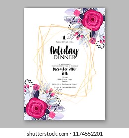 Floral winter background for wedding invitation, christmas party invitation, baby shower invitation bridal shower invitation vector template. Anemone peony poppy poinsettia fir pine branch wreath