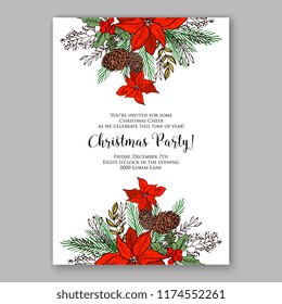 Floral winter background for wedding invitation, christmas party invitation, baby shower invitation bridal shower invitation vector template. Anemone peony poppy poinsettia fir pine branch wreath