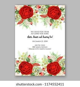 Floral winter background for wedding invitation, christmas party invitation, baby shower invitation bridal shower invitation vector template. Anemone peony poppy poinsettia fir pine branch wreath