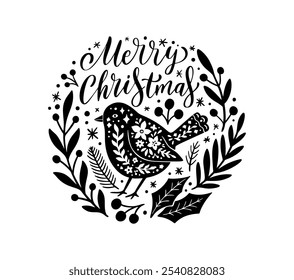 Floral Winter Bird Folk Art Logo Design. Christmas Linocut Print with Bird and Leaves. Vector Illustration Isolated on White Background. Lino Print of Round Composition. Hand Drawn Minimalist Stamp.