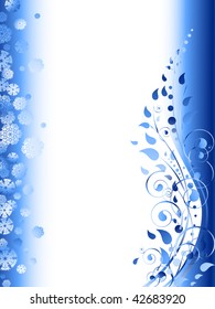 floral winter frame with swirls, snowflakes and foliage in blue with copy-space for your text