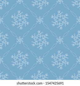 Floral winter seamless pattern of white snowflakes and rhombuses in blue. Vector illustration of repeat winter background of snowflakes for wrapping paper, cover, wallpaper, print, textile design.