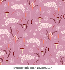 Floral winter seamless vector pattern. Mushrooms and snowflakes on pink square background. Design for fabric, wallpaper, wrapping paper, invitation card.