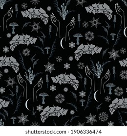 Floral winter seamless vector pattern. Mushrooms and snowflakes on black square background. Design for fabric, wallpaper, wrapping paper, invitation card.