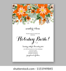 Floral winter wreath vector invitation template for Christmas party Poinsettia fir pine needle greenery orange sunflower