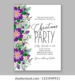 Floral winter wreath vector invitation template for Christmas party purple Poinsettia fir pine needle greenery