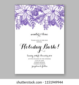 Floral winter wreath vector invitation template for Christmas party violet ink pen drawn flower Poinsettia fir pine needle greenery