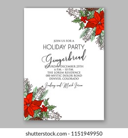 Floral winter wreath vector invitation template for Christmas party Red Poinsettia fir pine needle greenery Holiday card